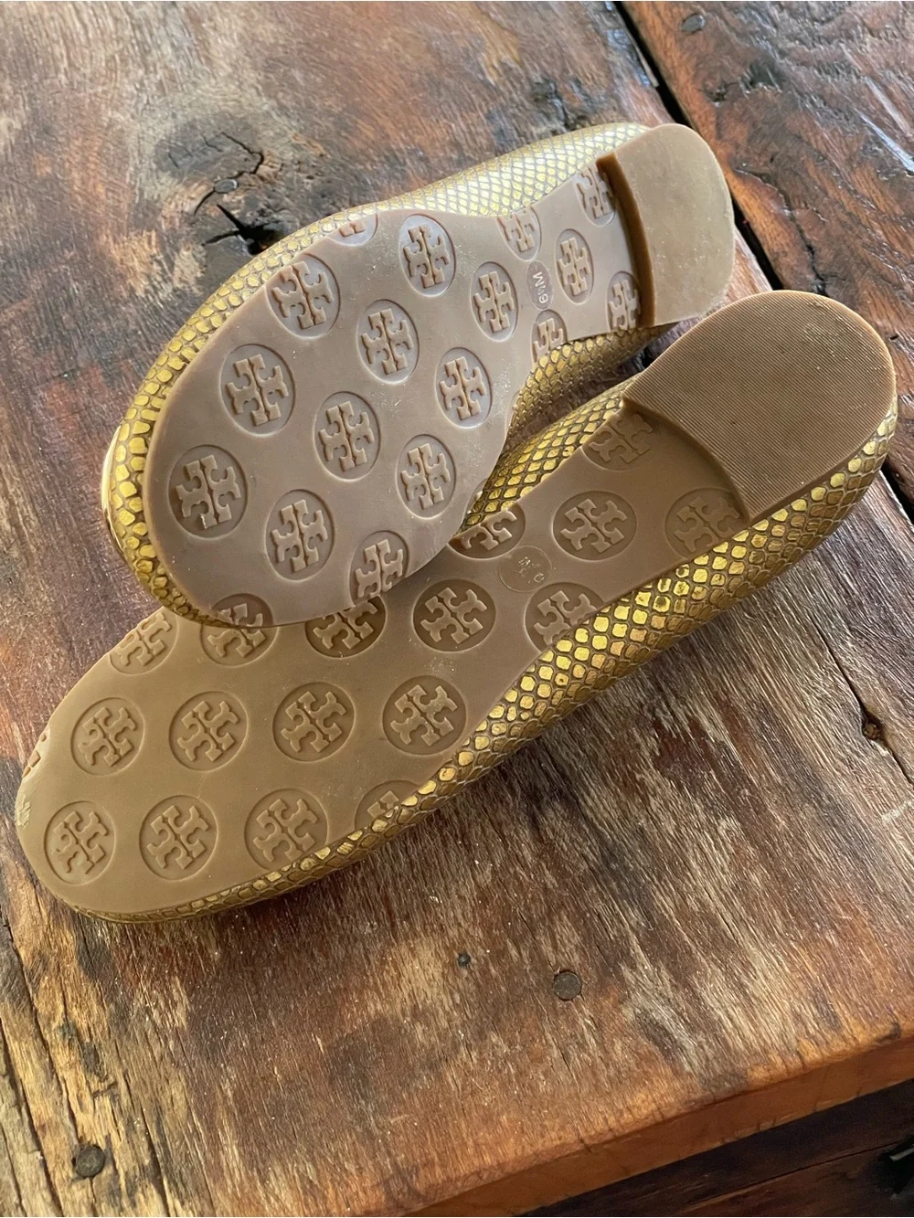 Tory Burch Reva Metallic Gold Snakeskin-Print Logo Ballet Flats Sz 6.5 Leather